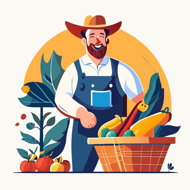 Vector smiling male farmer or gardener in uniform holds basket of ripe vegetables and fruits work and harvest