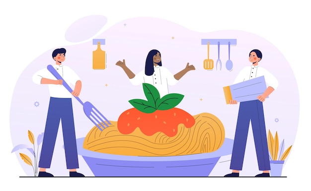 Vector smiling male and female cooks are making spaghetti for dinner together group of cooks is making