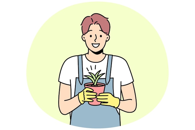 Smiling male in gloves and apron holding plant in pot Happy gardener enjoy botanical floral hobby Horticulture and gardening Vector illustration