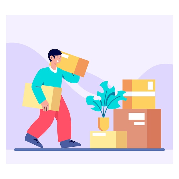 Vector smiling male holding two boxes and carry it to house