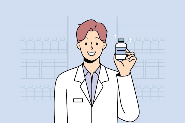 Smiling male pharmacist holding medication