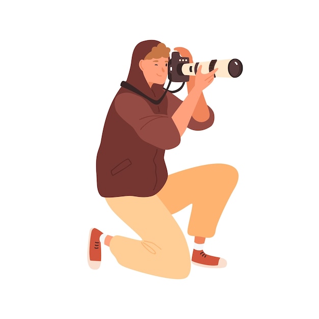Vector smiling male professional photographer standing on knee take photo holding camera with telephoto lens vector flat illustration. modern reporter photographing with dslr equipment isolated on white.