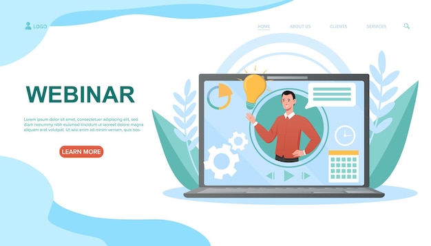 ベクトル 笑顔の男性トゥトゥール オンラインでウェブセミナーを教えています ウェブセミナーのコンセプトとピアレベル