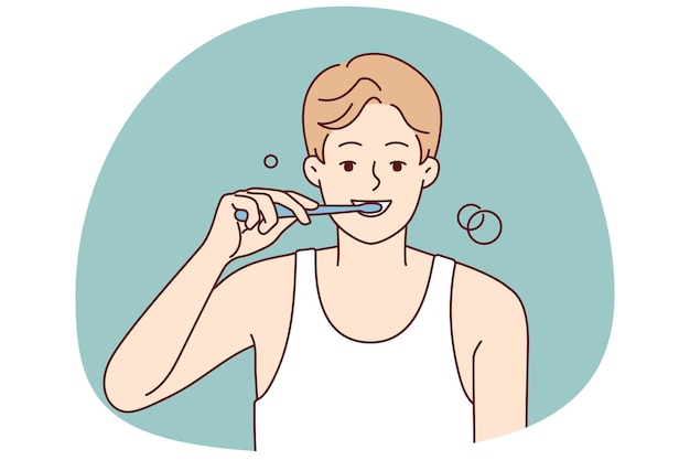 Vector smiling man brushing teeth in morning