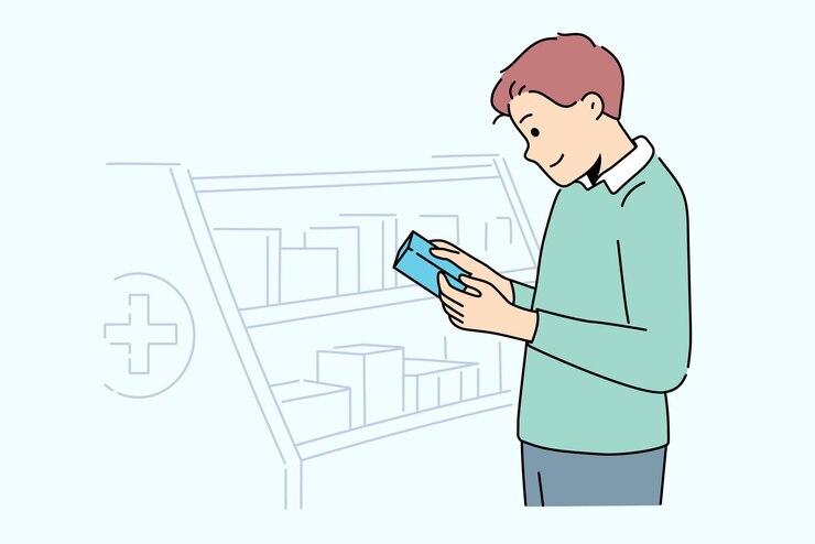笑顔の男が薬局で薬を買う