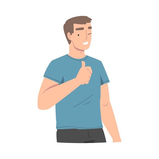 smiling man character showing thumb up as approval hand gesture and winking vector illustration