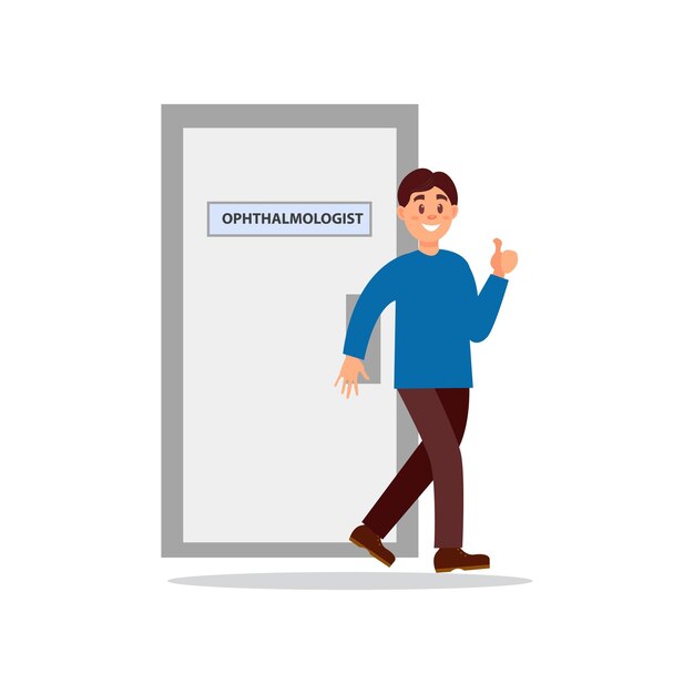 Smiling man coming out from office of ophthalmologist and showing thumb happy patient medical treatment and healthcare concept colorful flat vector design