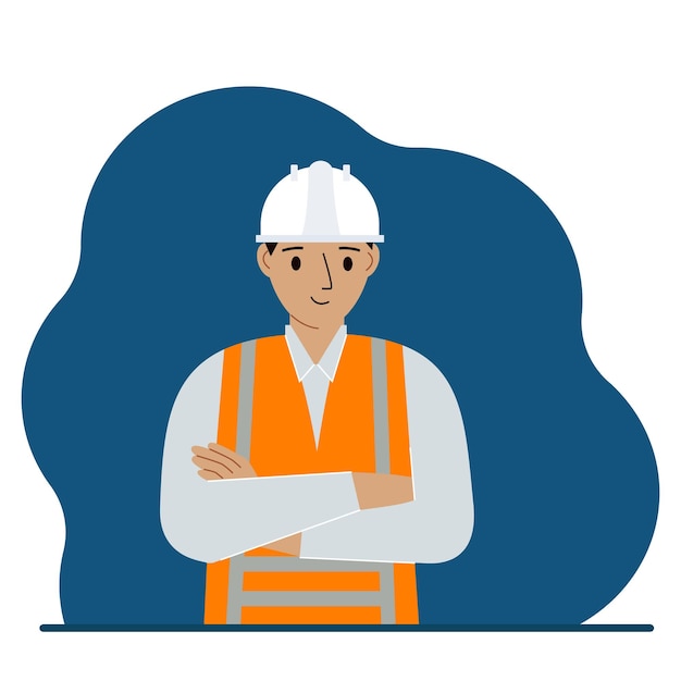 Smiling man construction worker in a white helmet and an orange vest. Vector