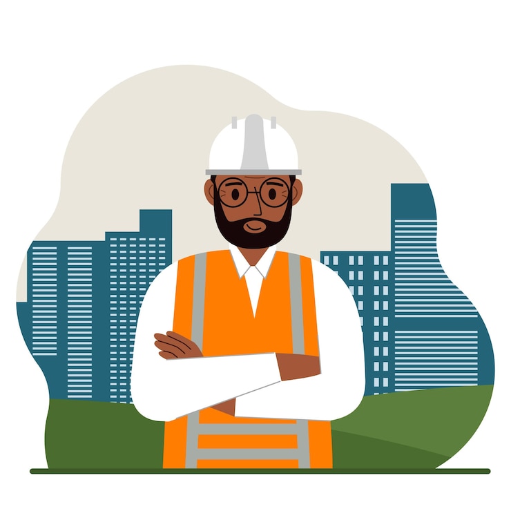 Vector smiling man constructor against the backdrop of the city and high apartment buildings. vector flat illustration