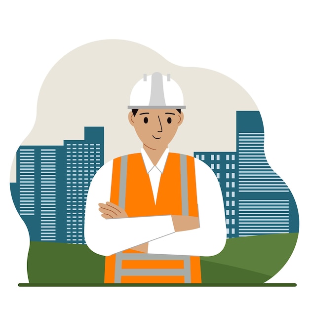 Smiling man constructor against the backdrop of the city and high apartment buildings. Vector