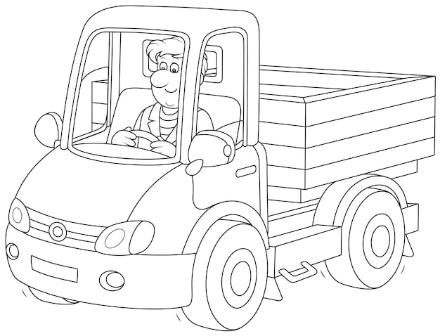 彼の小さなトラックを運転する笑顔の男