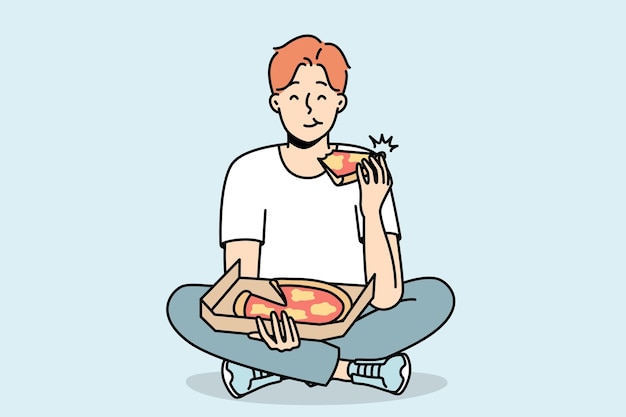 Smiling man eating pizza