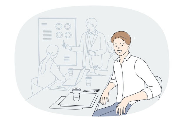 Vector smiling man employee at team meeting with coach or presenter in office happy male worker sit at desk with colleagues having briefing with group leader or boss flat vector illustration