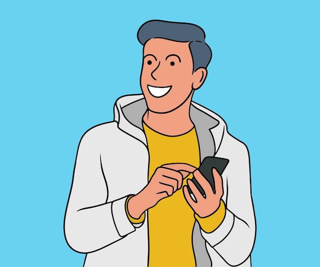 Smiling man holding his smartphone illustration