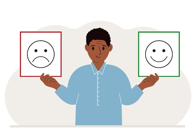 Vector smiling man holds a card with a sad emoji in one hand and a smiling emoji in the other hand the concept of emotions masks or psychological help