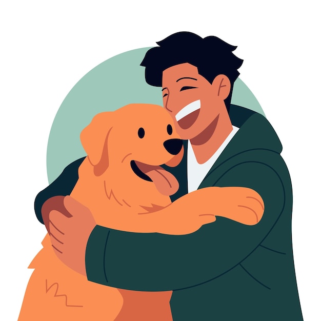 Smiling Man hugging his dog Flat vector illustration in flat cartoon style