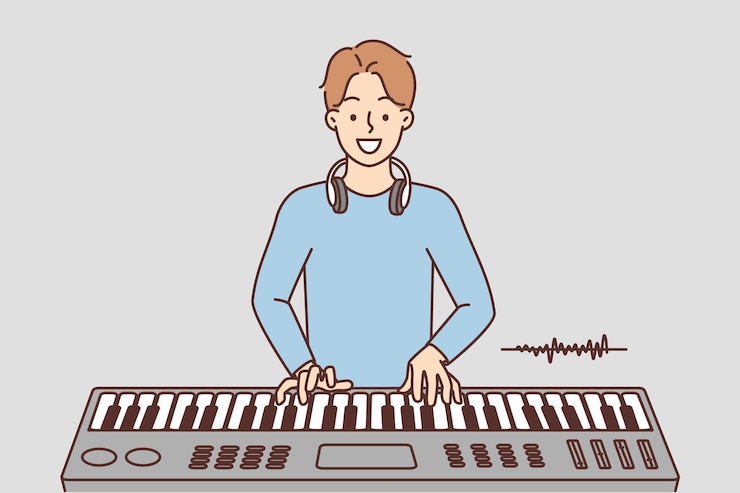 Vector smiling man play on synthesizer