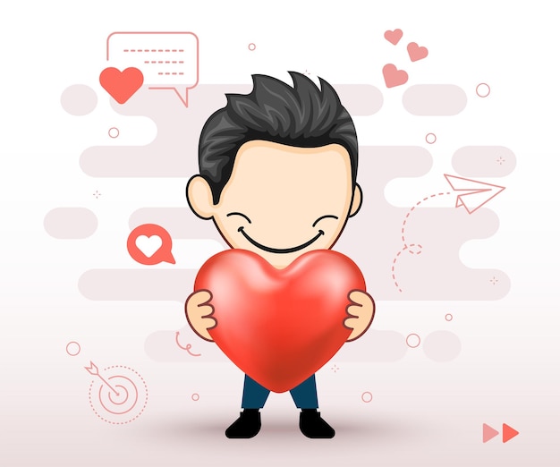 Smiling man showing love heart Shy male character holding heart vector shape