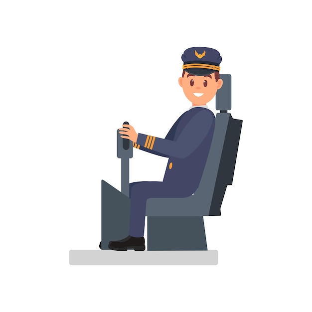 Uomo sorridente seduto sulla sedia del capitano pilota professionista dell'aereo passeggeri illustrazione vettoriale piatta isolata