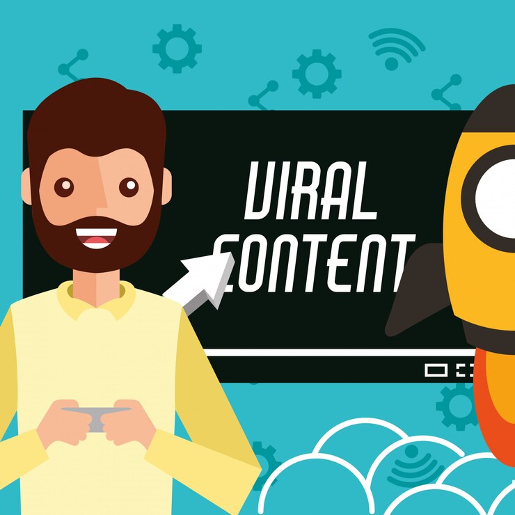Vector smiling man smartphone in hands viral content rocket