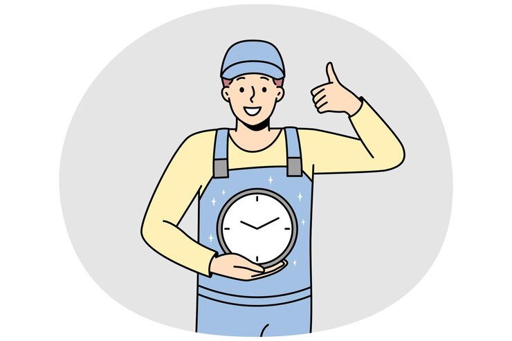 Улыбающийся мужчина в униформе держит в руках часы, показывая большой палец вверх Счастливый мужчина-работник с часами заботится о тайм-менеджменте и сроках. Векторная иллюстрация