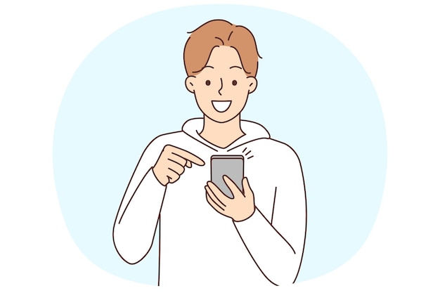 携帯電話のテキスト メッセージを使用して笑みを浮かべて男