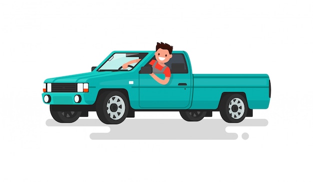 Smiling man at the wheel of a pickup truck illustration