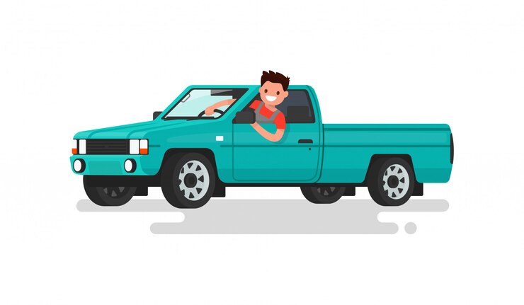 Vector smiling man at the wheel of a pickup truck illustration