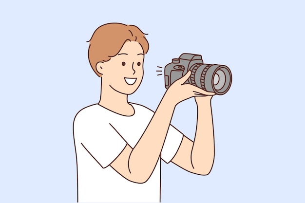 Smiling man with camera taking pictures