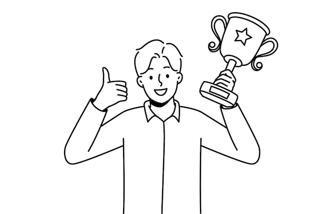 Smiling man with golden prize in hands