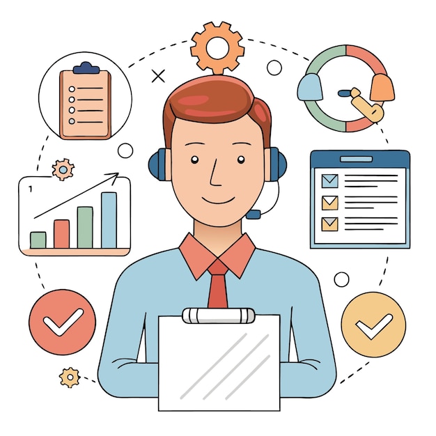 smiling man with headset holding clipboard surrounded by icons representing business tasks