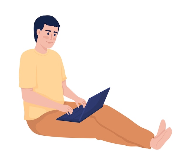 Vector smiling man with laptop semi flat color vector character