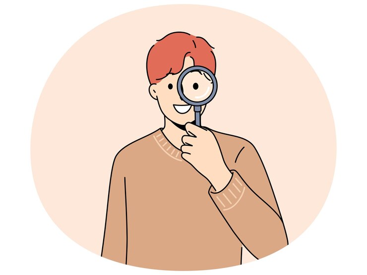 Vector 拡大鏡を持った笑顔の男が情報を探しています