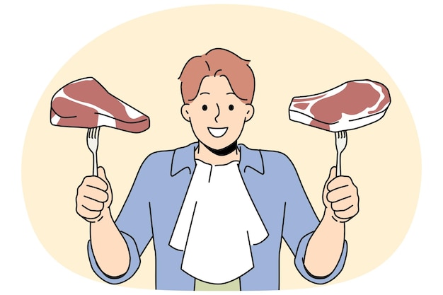 Smiling man with meat steaks in hands