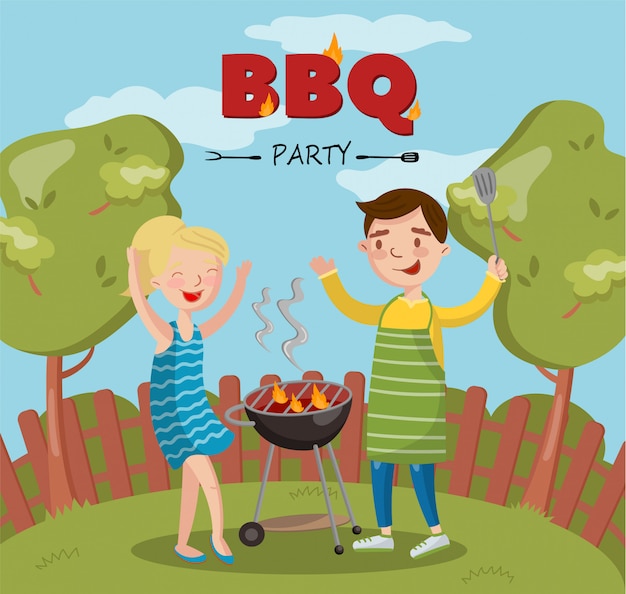 Smiling man and woman cooking barbecue on the backyard, bbq party   illustration with flaming grill