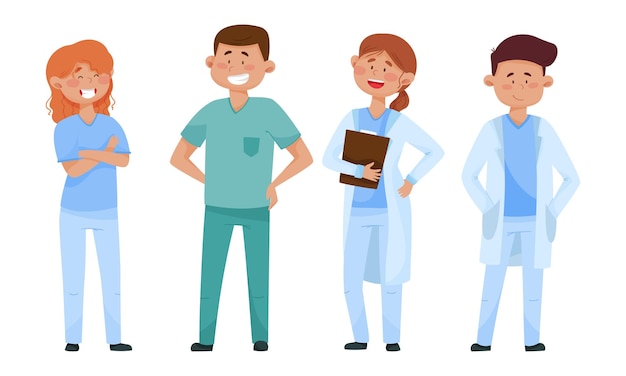 Smiling Man and Woman Doctors Wearing Medical Uniform Vector Illustrations Set