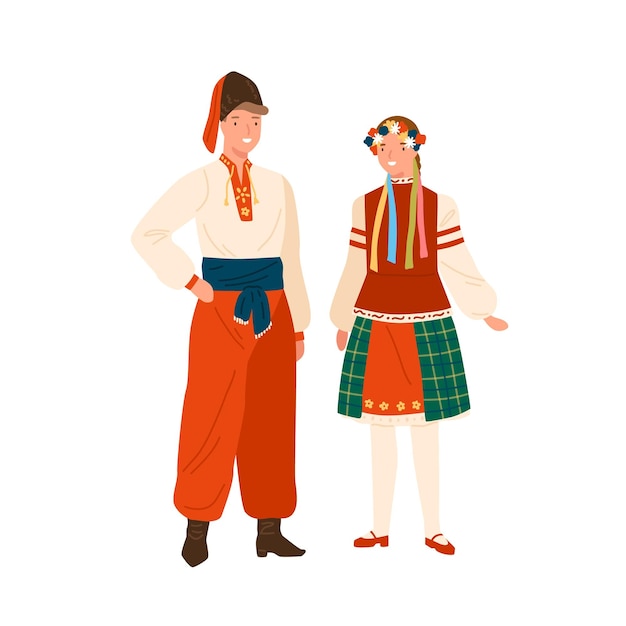 Vector smiling man and woman wearing national ukrainian costume vector flat illustration. woman in traditional flower wreath and dress. man in headdress, trousers and ornamented shirt isolated on white.