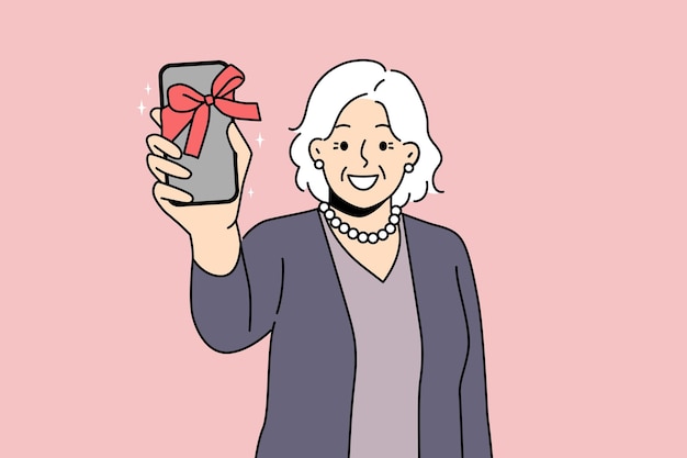 Smiling mature woman show smartphone as gift