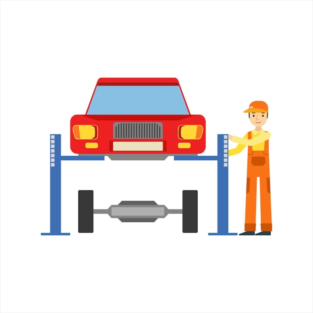 Meccanico sorridente che ripara la sospensione nell'illustrazione di servizio dell'officina di riparazione dell'automobile del garage