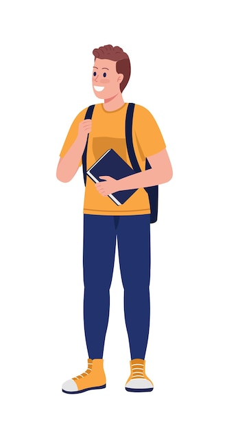 笑顔の中学生セミフラットカラーベクトル文字。立ち姿。白の全身人。グラフィックデザインとアニメーションのための7年生の孤立した現代漫画スタイルのイラスト