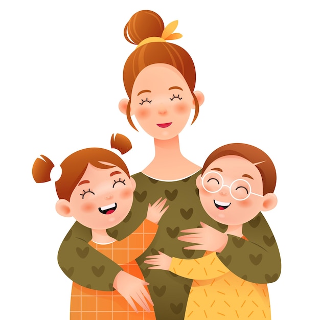 Улыбающаяся мама обнимает своих детей. мама, дочь и сын.