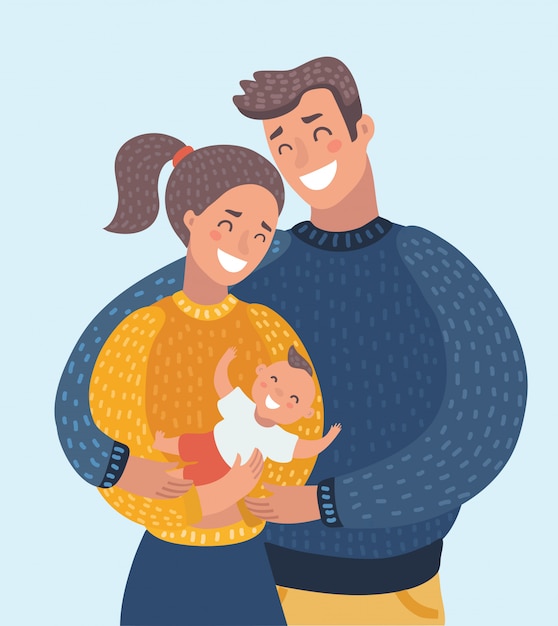 Vector smiling mother and father holding their newborn baby daughter at home