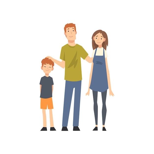 笑顔の母と父と息子の幸せな家族と白い背景の子供の漫画のベクトルイラスト