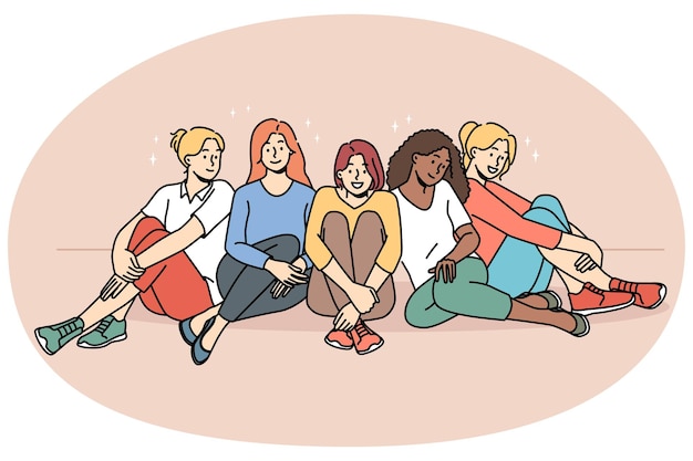 ベクトル 笑顔の多民族の多様な女性が一緒に座って団結とサポートを示す幸せな多民族の異人種間の女の子は楽しんでリラックスします一体性と友情のベクトル図