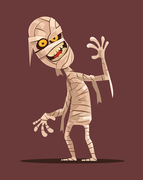 Smiling mummy character walking, flat cartoon illustration