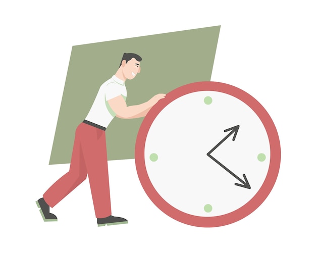 Smiling office worker rolls clock. People manage time abstract concept. Strong characters control own lives with discipline, work on themselves and achieve success. Flat vector