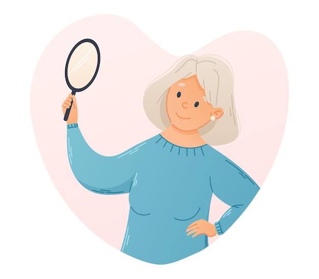 Sorridente vecchia donna dai capelli grigi che guarda in uno specchio rotondo tenuto in mano concetto di amore personale illustrazione isolata del cartone animato vettoriale di una donna in pensione in stile piatto