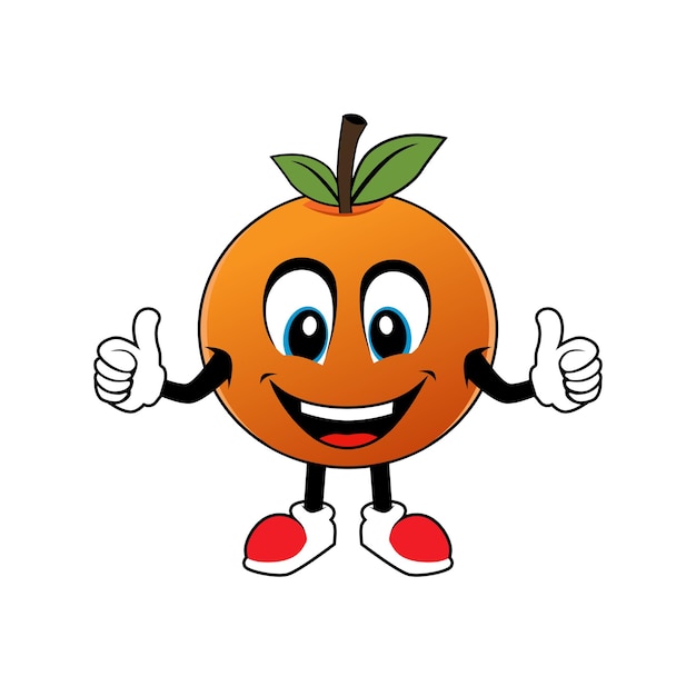Улыбающийся апельсиновый фруктовый мультяшный талисман, показывающий большой палец вверх Иллюстрация талисмана значка наклейки и логотипа