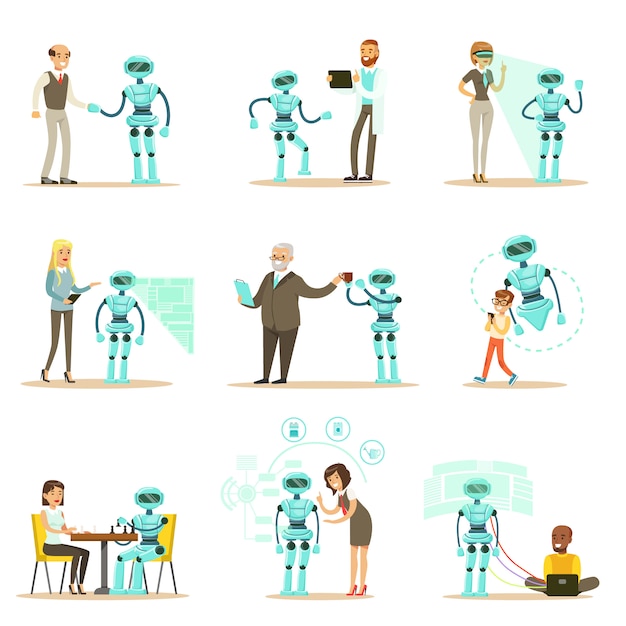 Вектор Улыбающиеся люди и помощник робота, набор персонажей и сервис android companion