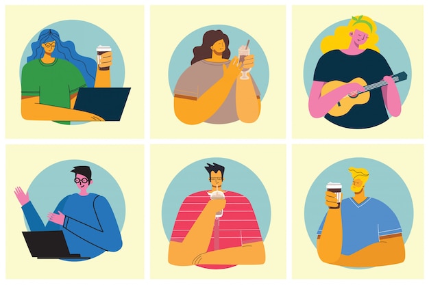 Smiling people friend drinking coffee and talking. Coffee time, break and relaxation concept cards. illustration in flat design style